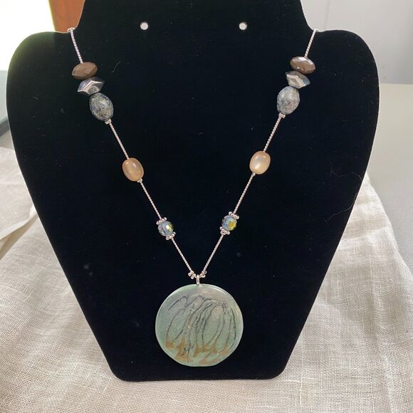 Chico's Jewelry - Chicos Statement Necklace Beaded Green Brown Silver Enameled Pendant Reversible